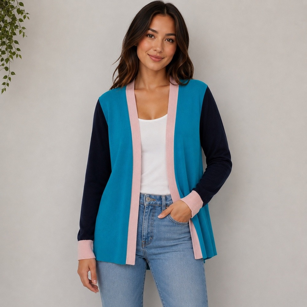 Lands End Womens Colorblock Open Front Cotton Cardigan Blue Pink Navy S 6-8